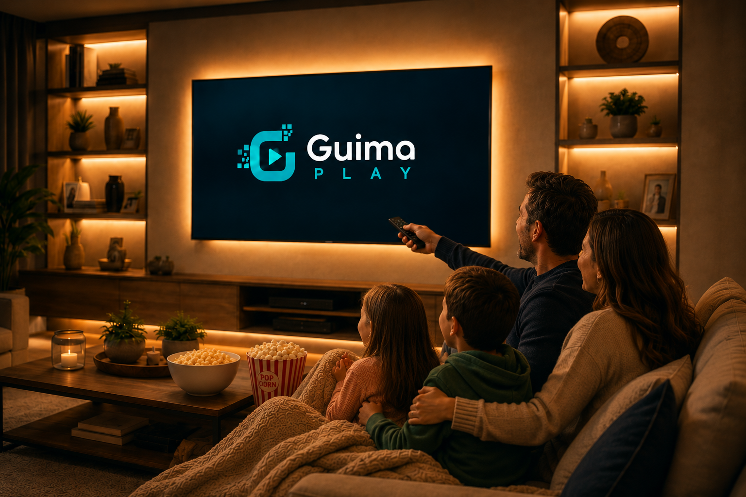 Família reunida assistindo TV em casa com a Guima Play
